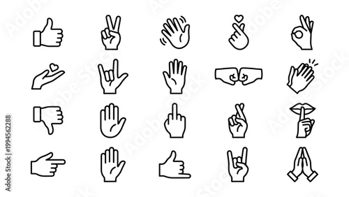 Hand gestures and symbols flat icon set with thumbs up finger heart ok sign rock on high five fist bump hand wave thumbs down middle finger crossed fingers call me body language gestures