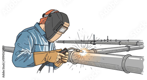 Welder working on industrial pipes, sparks flying, safety gear