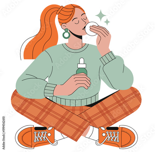 Young Woman Doing Skincare Facial With Cotton Pad And Serum Bottle Practicing Self Care