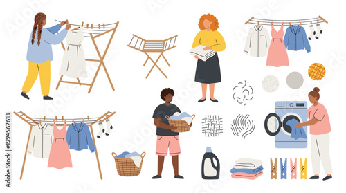 Diverse people doing laundry chores hanging clothes on drying racks and using washing machine at home