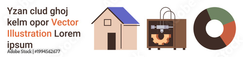 Real estate, 3D printing, technology, data analysis, architecture, innovation. A house, 3D printer and pie chart in vector design. Real estate and 3D printing technology ion
