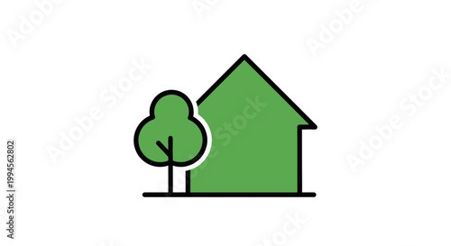 Minimalist green house and tree icon representing eco-friendly living concepts