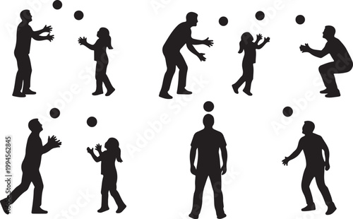 Father and child silhouettes juggling balls, father teaching child juggling skills