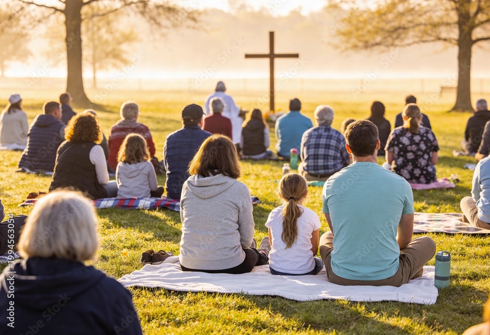 Fototapeta premium Diverse group of people sitting on grass during an outdoor religious service at sunrise, community worship and spiritual gathering with a wooden cross for Easter or prayer