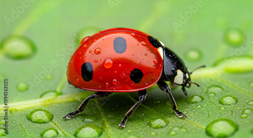 Macro of Red Ladybug with Water Droplets on Vibrant Green Leaf