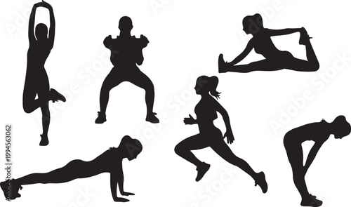 Collection of fitness silhouettes featuring women performing various yoga and workout exercises.