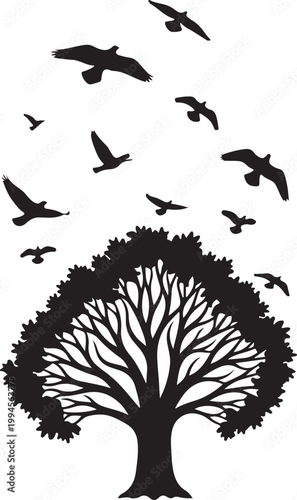 Fototapeta premium tree, silhouette, birds, flying, nature, freedom, forest, branches, leaves, black and white, minimalist, isolated, growth, life, environment, ecology, wildlife, fauna, flora, outdoor, sky, migration, 