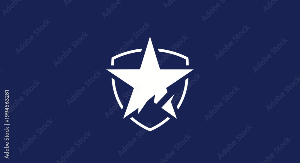 Fototapeta premium Abstract star and shield emblem on navy blue background for design elements