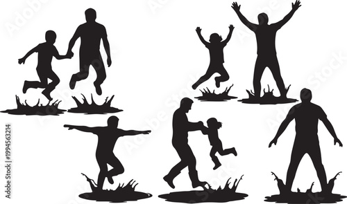 Father and child silhouettes jumping and playing in water splashes, joyful activity.