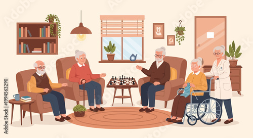 Senior Citizens Socializing in Retirement Home Living Room Vector