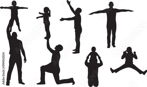 Silhouettes of parents and children in playful poses, lifting and holding each other.