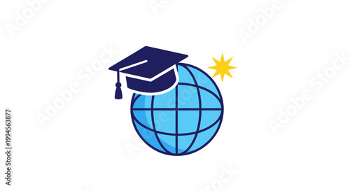 Global education symbol featuring a graduation cap over a world globe illustration