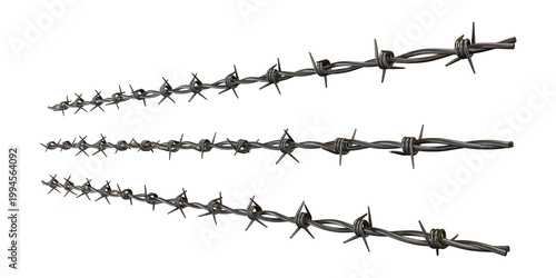 Bild auf Leinwand Three strands of barbed wire with sharp spikes for security and boundary on tran