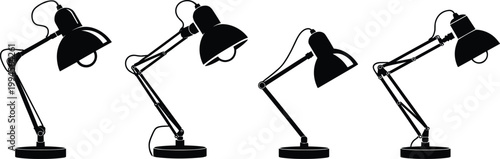 Foto Silhouette desk lamps, adjustable arm lighting, modern workspace decor, black la