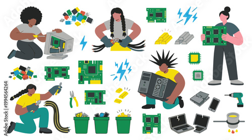 Diverse people recycling electronic waste and recovering valuable materials like gold and computer parts