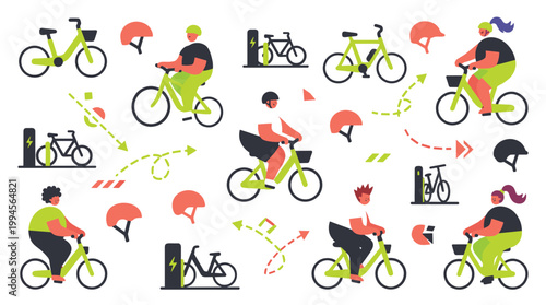 Diverse people enjoying electric bicycle rides and charging stations in a vibrant urban setting promoting sustainable transport and active lifestyle