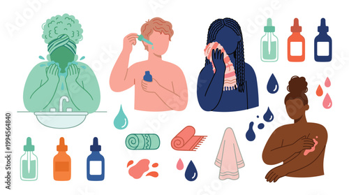 Diverse people performing skincare routines with bottles and towels, promoting self care and wellness