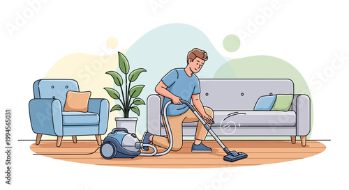 Man Cleaning Living Room Floor with Vacuum Cleaner Illustration