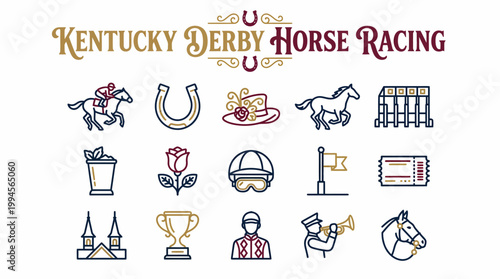 Kentucky Derby Horse Racing Icons Set