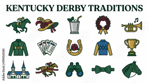 Kentucky Derby Traditions Icons: Horse Racing, Mint Julep, Hat