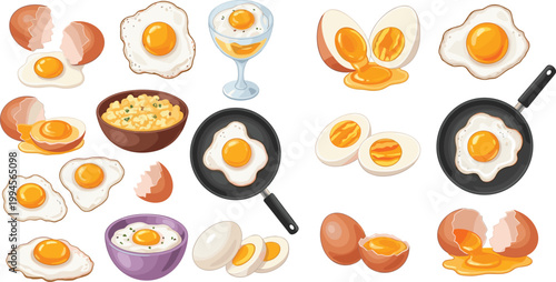 Fried and Boiled Eggs with Cracked Shells and Different Cooking Styles for Breakfast Design