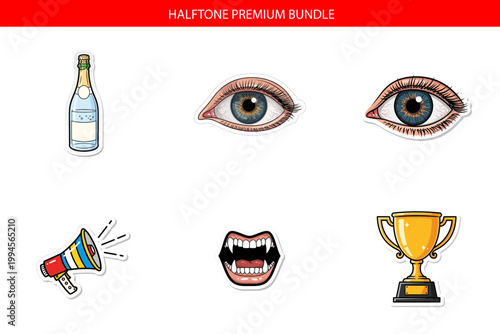 A collection of six icons including a bottle eyes mouth megaphone and trophy