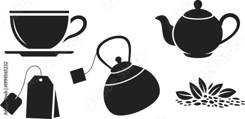 Tea cup, teapot, kettle, tea bags, tea leaves, hot drink, beverage icon, silhouette design, tea illustration, herbal tea, ceremony, tea symbol, tea art, tea culture, tea serving, tea accessor