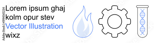 Science, technology, innovation, molecular research, energy, industrial processes. A gear, water droplet and DNA helix displayed side by side. Science and technology concepts