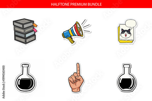 A set of six icons including books and beakers