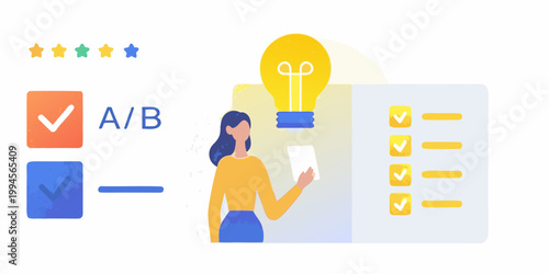 Woman analyzing data and test results with a glowing lightbulb concept