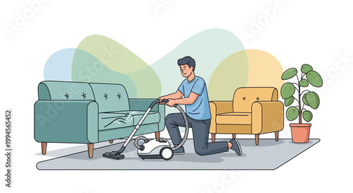 Man Vacuuming Living Room Sofa Vector Illustration