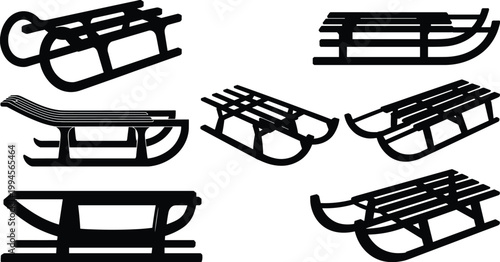 Traditional sled silhouettes, winter sports equipment, vintage sled designs, snow transportation, wooden sled runners, outdoor recreation, alpine sledding, cold season gear