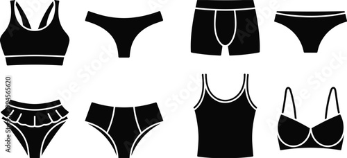 Undergarment silhouettes collection, lingerie icons, bra panty vector set, men women underwear design, fashion clothing illustration, intimate apparel graphic, garment symbols