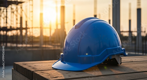 Blue safety helmet on construction site at sunset