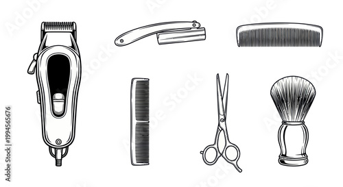 Barber Tools Set: Clippers, Razor, Scissors, Comb, Brush - Vintage Sketch