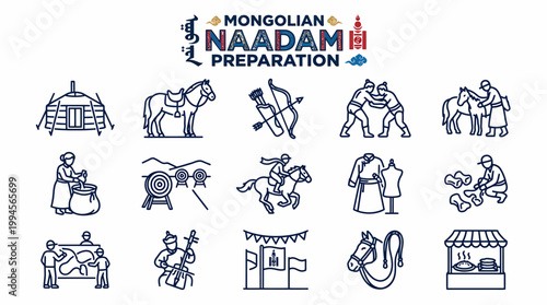 Mongolian Naadam Festival Preparation Icons Set