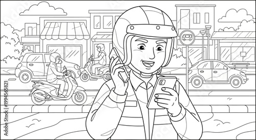 Urban city street vector line art illustration with shops and bus stop