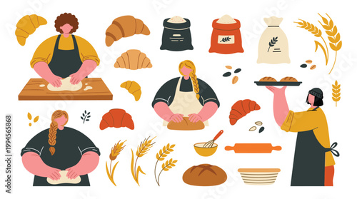 Diverse bakers crafting delicious pastries and bread in a vibrant kitchen scene