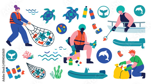 Volunteers cleaning ocean pollution with nets and boats protecting marine life from plastic waste environmental protection concept