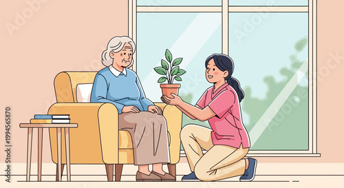 Young caregiver giving houseplant to senior woman in a cozy home