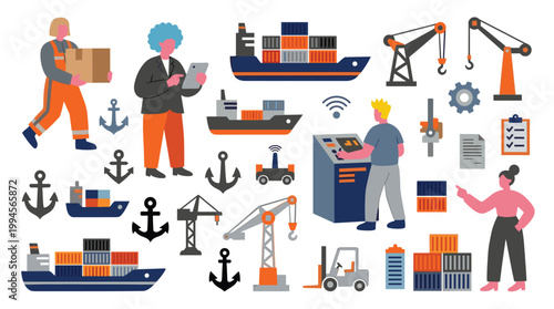 Global Logistics and Supply Chain Management with Cargo Ships, Cranes, and Workers