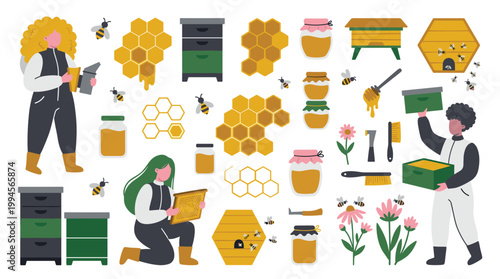 Beekeepers tending hives and collecting honey with bees and honeycomb elements