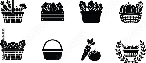 Vegetable basket silhouettes, harvest crate icons, farming produce vector, agriculture food design, gardening container graphic, healthy organic symbol, market crop illustration