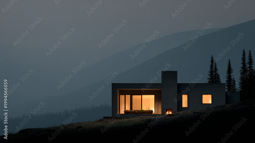 Fototapeta premium Contemporary mountain house with illuminated windows outdoor glowing fireplace and mountain views on a grassy hill at twilight.