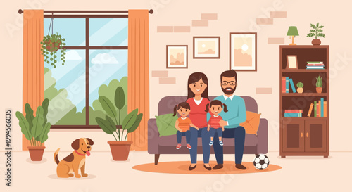Happy Family with Dog Sitting on Sofa in Living Room Illustration