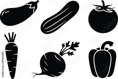 Vegetable silhouettes, healthy food vector, carrot beet tomato illustration, eggplant zucchini pepper design, black vegetable art, nutrition concept, minimal food graphic