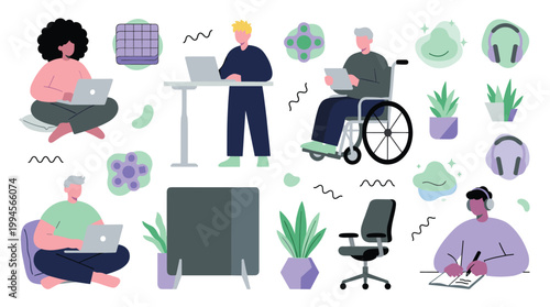 Diverse people working remotely and in office settings embracing inclusivity and modern workspaces