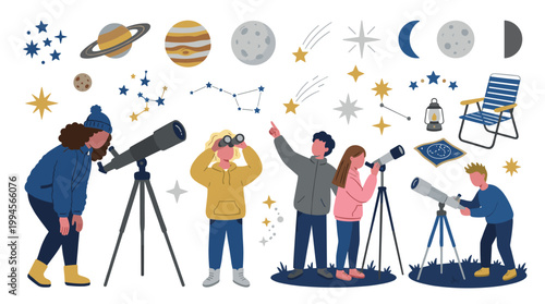 Diverse group of people stargazing with telescopes observing planets constellations and moon phases under starry night sky
