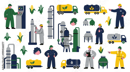 Biofuel Production Process Industrial Plant with Corn and Workers