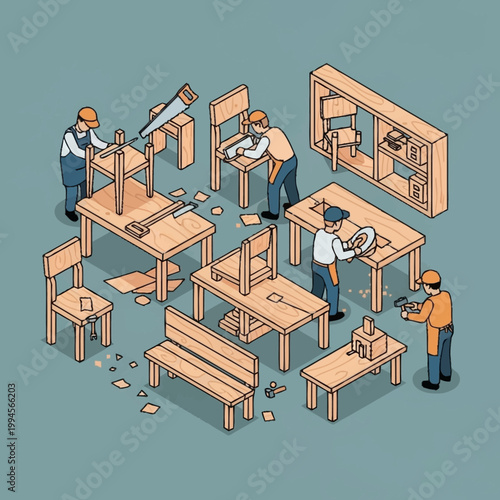 Workers engaged in woodworking activities.